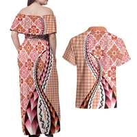 Aloha Vintage Palaka Floral Hawaiian Quilt Couples Matching Off Shoulder Maxi Dress and Hawaiian Shirt Ulaula Motif LT9 - Polynesian Pride