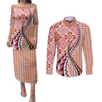 Aloha Vintage Palaka Floral Hawaiian Quilt Couples Matching Puletasi and Long Sleeve Button Shirt Ulaula Motif LT9 Red - Polynesian Pride
