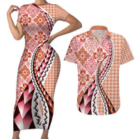 Aloha Vintage Palaka Floral Hawaiian Quilt Couples Matching Short Sleeve Bodycon Dress and Hawaiian Shirt Ulaula Motif LT9 Red - Polynesian Pride