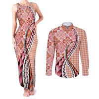 Aloha Vintage Palaka Floral Hawaiian Quilt Couples Matching Tank Maxi Dress and Long Sleeve Button Shirt Ulaula Motif LT9 Red - Polynesian Pride