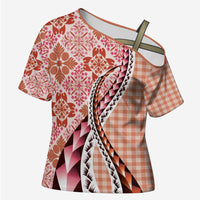 Aloha Vintage Palaka Floral Hawaiian Quilt Cross Shoulder Shirt Ulaula Motif LT9 Female Red - Polynesian Pride