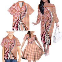 Aloha Vintage Palaka Floral Hawaiian Quilt Family Matching Off The Shoulder Long Sleeve Dress and Hawaiian Shirt Ulaula Motif LT9 - Polynesian Pride