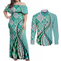 Aloha Vintage Palaka Floral Hawaiian Quilt Couples Matching Off Shoulder Maxi Dress and Long Sleeve Button Shirt Polu Motif LT9 Turquoise - Polynesian Pride