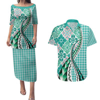 Aloha Vintage Palaka Floral Hawaiian Quilt Couples Matching Puletasi and Hawaiian Shirt Polu Motif LT9 Turquoise - Polynesian Pride