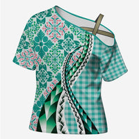 Aloha Vintage Palaka Floral Hawaiian Quilt Cross Shoulder Shirt Polu Motif LT9 Female Turquoise - Polynesian Pride