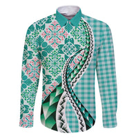Aloha Vintage Palaka Floral Hawaiian Quilt Family Matching Long Sleeve Bodycon Dress and Hawaiian Shirt Polu Motif LT9 Dad's Shirt - Long Sleeve Turquoise - Polynesian Pride