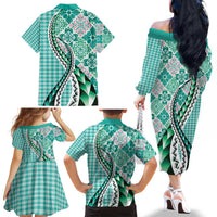 Aloha Vintage Palaka Floral Hawaiian Quilt Family Matching Off The Shoulder Long Sleeve Dress and Hawaiian Shirt Polu Motif LT9 - Polynesian Pride