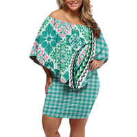 Aloha Vintage Palaka Floral Hawaiian Quilt Family Matching Off Shoulder Short Dress and Hawaiian Shirt Polu Motif LT9 Mom's Dress Turquoise - Polynesian Pride