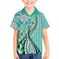 Aloha Vintage Palaka Floral Hawaiian Quilt Family Matching Short Sleeve Bodycon Dress and Hawaiian Shirt Polu Motif LT9 Son's Shirt Turquoise - Polynesian Pride