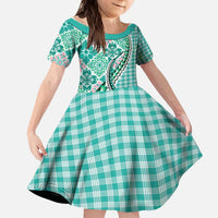 Aloha Vintage Palaka Floral Hawaiian Quilt Kid Short Sleeve Dress Polu Motif LT9 KID Turquoise - Polynesian Pride