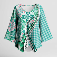 Aloha Vintage Palaka Floral Hawaiian Quilt Kimono Sleeve Blouse Polu Motif LT9 Female Turquoise - Polynesian Pride