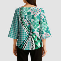 Aloha Vintage Palaka Floral Hawaiian Quilt Kimono Sleeve Blouse Polu Motif LT9 - Polynesian Pride