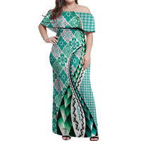 Aloha Vintage Palaka Floral Hawaiian Quilt Off Shoulder Maxi Dress Polu Motif LT9 Women Turquoise - Polynesian Pride
