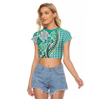 Aloha Vintage Palaka Floral Hawaiian Quilt Raglan Cropped T Shirt Polu Motif LT9 Female Turquoise - Polynesian Pride