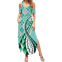 Aloha Vintage Palaka Floral Hawaiian Quilt Summer Maxi Dress Polu Motif LT9 Women Turquoise - Polynesian Pride