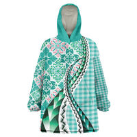 Aloha Vintage Palaka Floral Hawaiian Quilt Wearable Blanket Hoodie Polu Motif LT9 One Size Turquoise - Polynesian Pride