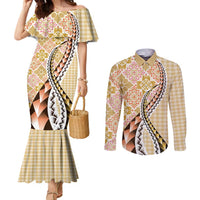 Aloha Vintage Palaka Floral Hawaiian Quilt Couples Matching Mermaid Dress and Long Sleeve Button Shirt Melemele Motif LT9 Yellow - Polynesian Pride