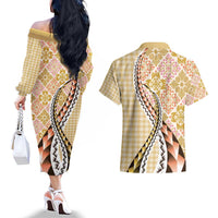 Aloha Vintage Palaka Floral Hawaiian Quilt Couples Matching Off The Shoulder Long Sleeve Dress and Hawaiian Shirt Melemele Motif LT9 - Polynesian Pride