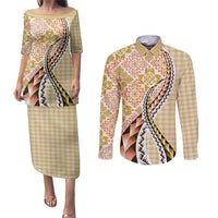 Aloha Vintage Palaka Floral Hawaiian Quilt Couples Matching Puletasi and Long Sleeve Button Shirt Melemele Motif LT9 Yellow - Polynesian Pride