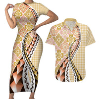 Aloha Vintage Palaka Floral Hawaiian Quilt Couples Matching Short Sleeve Bodycon Dress and Hawaiian Shirt Melemele Motif LT9 Yellow - Polynesian Pride