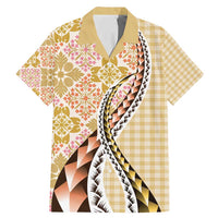 Aloha Vintage Palaka Floral Hawaiian Quilt Family Matching Mermaid Dress and Hawaiian Shirt Melemele Motif LT9 Dad's Shirt - Short Sleeve Yellow - Polynesian Pride