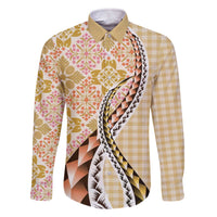 Aloha Vintage Palaka Floral Hawaiian Quilt Family Matching Off The Shoulder Long Sleeve Dress and Hawaiian Shirt Melemele Motif LT9 Dad's Shirt - Long Sleeve Yellow - Polynesian Pride