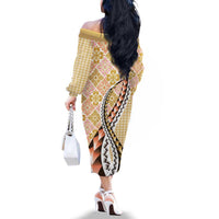 Aloha Vintage Palaka Floral Hawaiian Quilt Family Matching Off The Shoulder Long Sleeve Dress and Hawaiian Shirt Melemele Motif LT9 - Polynesian Pride