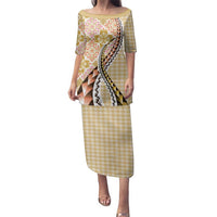 Aloha Vintage Palaka Floral Hawaiian Quilt Family Matching Puletasi and Hawaiian Shirt Melemele Motif LT9 Mom's Dress Yellow - Polynesian Pride