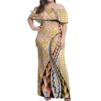 Aloha Vintage Palaka Floral Hawaiian Quilt Off Shoulder Maxi Dress Melemele Motif LT9 Women Yellow - Polynesian Pride