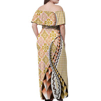 Aloha Vintage Palaka Floral Hawaiian Quilt Off Shoulder Maxi Dress Melemele Motif LT9 - Polynesian Pride