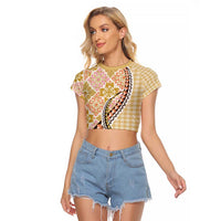 Aloha Vintage Palaka Floral Hawaiian Quilt Raglan Cropped T Shirt Melemele Motif LT9 Female Yellow - Polynesian Pride