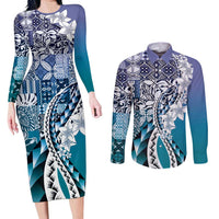 Aloha Vintage Plumeria Hawaiian Tapa Pattern Couples Matching Long Sleeve Bodycon Dress and Long Sleeve Button Shirt Blue Hawaiian Tapa Pattern LT9 Blue - Polynesian Pride