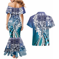 Aloha Vintage Plumeria Hawaiian Tapa Pattern Couples Matching Mermaid Dress and Hawaiian Shirt Blue Hawaiian Tapa Pattern LT9 - Polynesian Pride