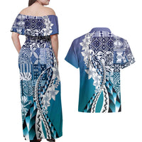 Aloha Vintage Plumeria Hawaiian Tapa Pattern Couples Matching Off Shoulder Maxi Dress and Hawaiian Shirt Blue Hawaiian Tapa Pattern LT9 - Polynesian Pride