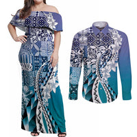 Aloha Vintage Plumeria Hawaiian Tapa Pattern Couples Matching Off Shoulder Maxi Dress and Long Sleeve Button Shirt Blue Hawaiian Tapa Pattern LT9 Blue - Polynesian Pride