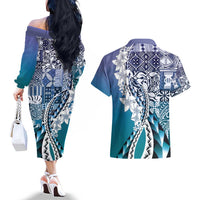 Aloha Vintage Plumeria Hawaiian Tapa Pattern Couples Matching Off The Shoulder Long Sleeve Dress and Hawaiian Shirt Blue Hawaiian Tapa Pattern LT9 - Polynesian Pride
