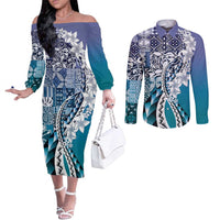 Aloha Vintage Plumeria Hawaiian Tapa Pattern Couples Matching Off The Shoulder Long Sleeve Dress and Long Sleeve Button Shirt Blue Hawaiian Tapa Pattern LT9 Blue - Polynesian Pride