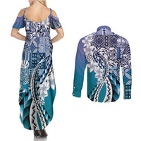 Aloha Vintage Plumeria Hawaiian Tapa Pattern Couples Matching Summer Maxi Dress and Long Sleeve Button Shirt Blue Hawaiian Tapa Pattern LT9 - Polynesian Pride