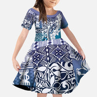 Aloha Vintage Plumeria Hawaiian Tapa Pattern Family Matching Long Sleeve Bodycon Dress and Hawaiian Shirt Blue Hawaiian Tapa Pattern LT9 Daughter's Dress Blue - Polynesian Pride