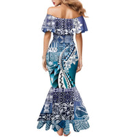 Aloha Vintage Plumeria Hawaiian Tapa Pattern Family Matching Mermaid Dress and Hawaiian Shirt Blue Hawaiian Tapa Pattern LT9 - Polynesian Pride