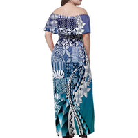 Aloha Vintage Plumeria Hawaiian Tapa Pattern Family Matching Off Shoulder Maxi Dress and Hawaiian Shirt Blue Hawaiian Tapa Pattern LT9 - Polynesian Pride
