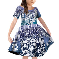 Aloha Vintage Plumeria Hawaiian Tapa Pattern Family Matching Off Shoulder Short Dress and Hawaiian Shirt Blue Hawaiian Tapa Pattern LT9 Daughter's Dress Blue - Polynesian Pride