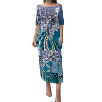 Aloha Vintage Plumeria Hawaiian Tapa Pattern Family Matching Puletasi and Hawaiian Shirt Blue Hawaiian Tapa Pattern LT9 Mom's Dress Blue - Polynesian Pride