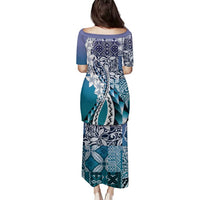 Aloha Vintage Plumeria Hawaiian Tapa Pattern Family Matching Puletasi and Hawaiian Shirt Blue Hawaiian Tapa Pattern LT9 - Polynesian Pride