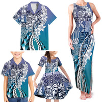 Aloha Vintage Plumeria Hawaiian Tapa Pattern Family Matching Tank Maxi Dress and Hawaiian Shirt Blue Hawaiian Tapa Pattern LT9 - Polynesian Pride