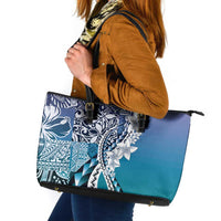 Aloha Vintage Plumeria Hawaiian Tapa Pattern Leather Tote Bag Blue Hawaiian Tapa Pattern - Polynesian Pride