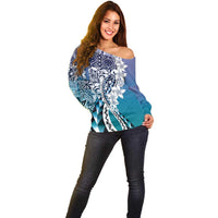 Aloha Vintage Plumeria Hawaiian Tapa Pattern Off Shoulder Sweater Blue Hawaiian Tapa Pattern - Polynesian Pride