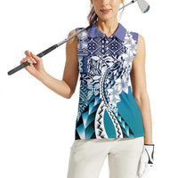 Aloha Vintage Plumeria Hawaiian Tapa Pattern Women Sleeveless Polo Shirt Blue Hawaiian Tapa Pattern LT9 - Polynesian Pride