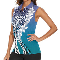 Aloha Vintage Plumeria Hawaiian Tapa Pattern Women Sleeveless Polo Shirt Blue Hawaiian Tapa Pattern LT9 - Polynesian Pride