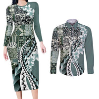 Aloha Vintage Plumeria Hawaiian Tapa Pattern Couples Matching Long Sleeve Bodycon Dress and Long Sleeve Button Shirt Dark Turquoise Hawaiian Tapa Pattern LT9 Turquoise - Polynesian Pride